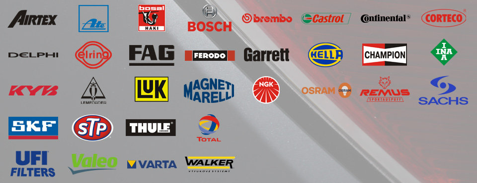 Používáme náhradní díly dodavatelů Airtex, Bosch, Brembo, Castrol, Continental, Fag, Hell, Luk, Sachs, Skf, Ufi, Varta a další.